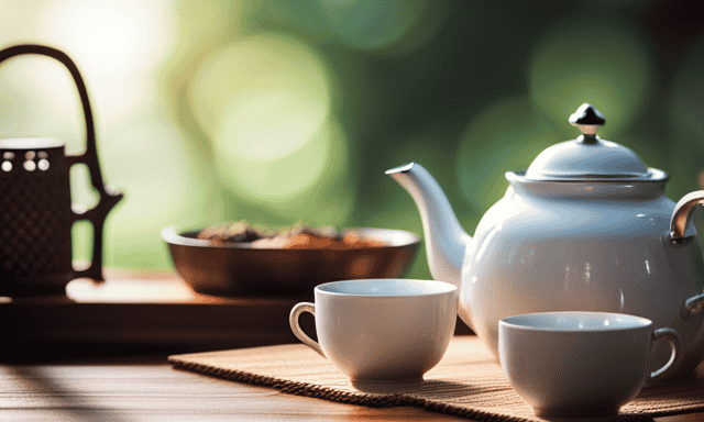 An image showcasing a serene setting with a wooden table adorned with a delicate teapot, accompanied by a tray of freshly brewed oolong tea served in elegant cups, inviting readers to explore the diverse uses of this aromatic beverage