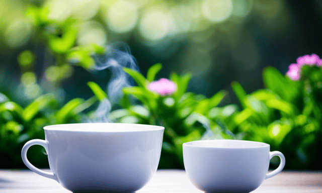 An image showcasing two delicate porcelain teacups with steaming golden Oolong tea on one side, and translucent pale White tea on the other