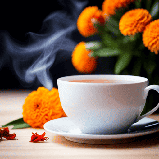 An image showcasing a vibrant, steaming cup of orange herbal tea, with delicate wisps of steam gently rising, surrounded by fresh orange slices, blossoming marigold petals, and a hint of fragrant cinnamon