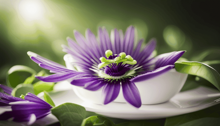 An image showcasing a serene cup of passion flower tea, steam gently rising from the vibrant blend of purple petals and green leaves