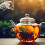  the essence of Peach Oolong Tea in an image that showcases a delicate glass teapot, filled with vibrant, amber-hued tea