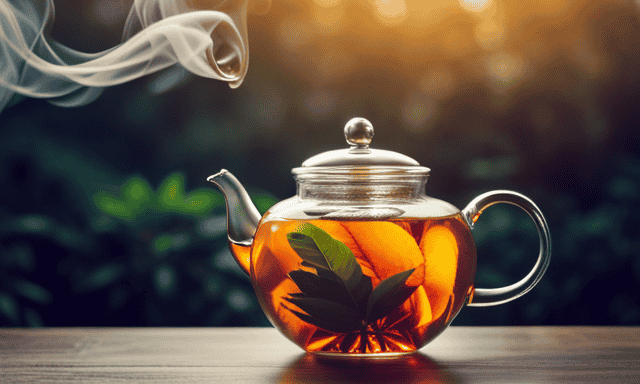 the essence of Peach Oolong Tea in an image that showcases a delicate glass teapot, filled with vibrant, amber-hued tea