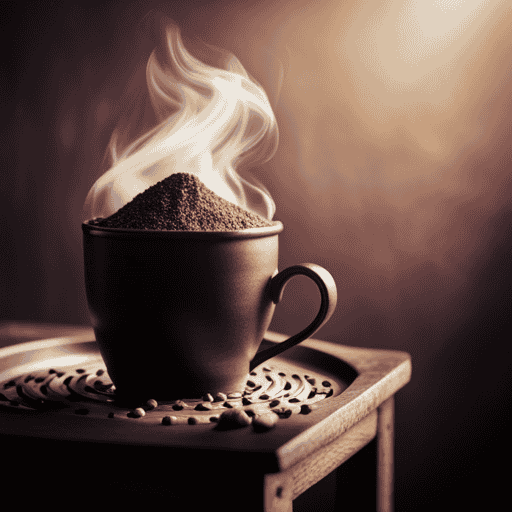 An image showcasing a close-up of a steaming cup filled with Postum, revealing its rich brown color and showcasing the main ingredients: roasted wheat, bran, molasses, and wheat flour