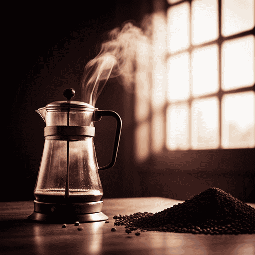 An image featuring a vintage coffee pot filled with a rich, dark liquid made from roasted wheat, bran, and molasses