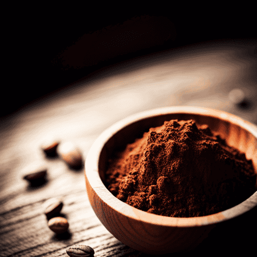 A vibrant, close-up image of a small wooden bowl filled with velvety, dark raw cacao powder
