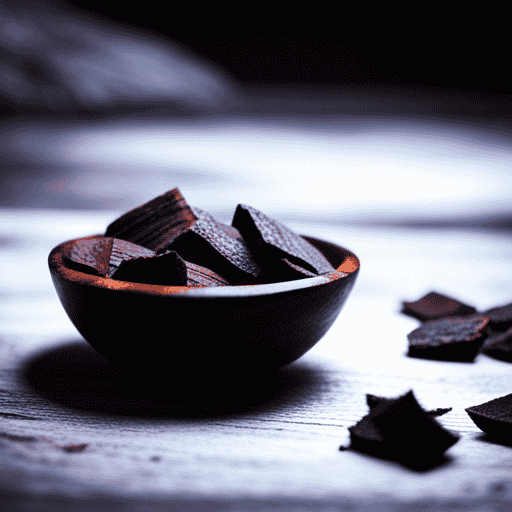 An image showcasing a rustic wooden bowl filled with rich, dark chunks of raw cacao