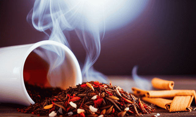 An image showcasing a steaming cup of vibrant red Rooibos tea, surrounded by an array of colorful and aromatic ingredients like cinnamon, orange peel, chamomile flowers, and vanilla pods, emphasizing the tea's soothing, antioxidant-rich properties