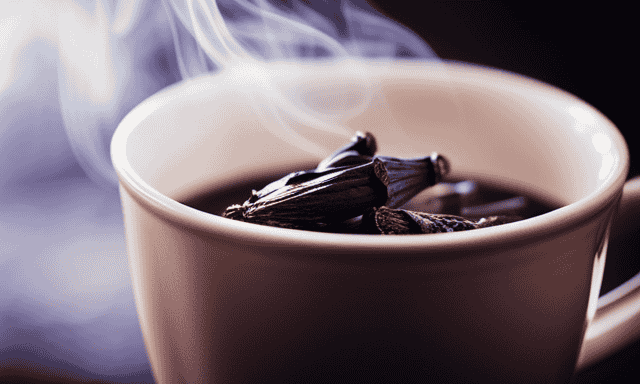 An image that showcases the rich, dark brown color of roasted chicory root as it cascades down into a ceramic cup, capturing the aromatic steam rising delicately from the brew
