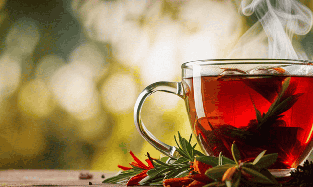 An image showcasing a steaming cup of vibrant red Rooibos tea and a golden Honeybush tea, surrounded by an array of fresh herbs and spices