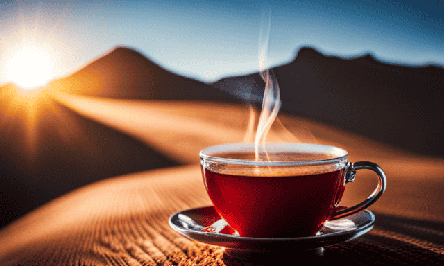 An image showcasing a steaming cup of vibrant red Rooibos herbal tea