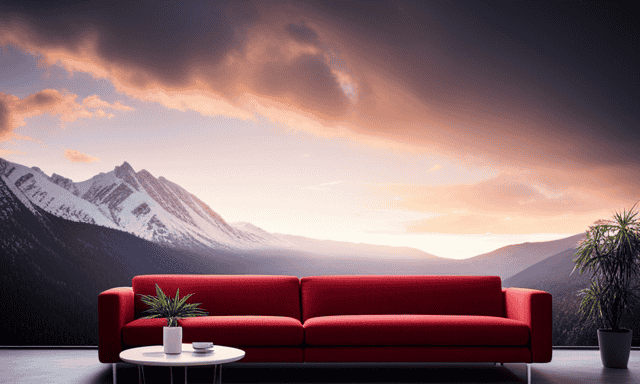 An image showcasing a cozy, minimalist living room with a vibrant red sofa adorned with a cup of steaming rooibos tea on a sleek Ikea coffee table, embodying the essence of comfort and simplicity