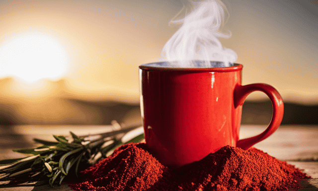An image showcasing a vibrant red cup filled with steaming rooibos powder, surrounded by a beautiful assortment of dried herbs and flowers