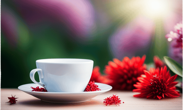 An image showcasing a serene garden scene, with a delicate porcelain teacup filled with vibrant red Rooibos tea, surrounded by fresh rooibos leaves and blooming flowers, encapsulating the calming and soothing properties of this delightful herbal tea