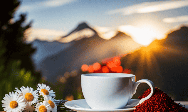An image showcasing a serene scene of a cup of vibrant red rooibos tea, steam gently rising, surrounded by fresh sprigs of chamomile and lavender, evoking a sense of relaxation, wellness, and natural healing