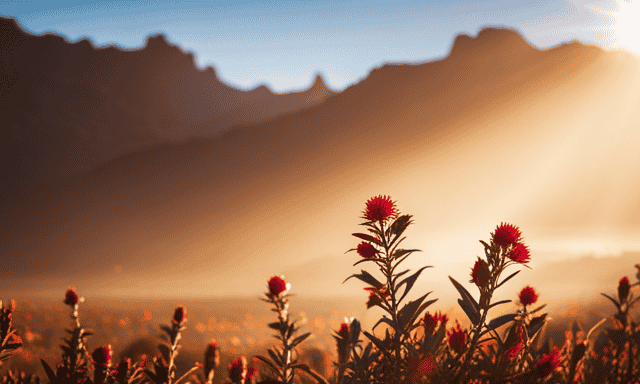 An image showcasing the vibrant landscape of the Cederberg mountain range, with a close-up of a rooibos plant thriving amidst the indigenous fynbos vegetation