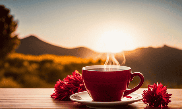 An image that captures the warm hues of a cup of steaming rooibos tea, adorned with delicate dried leaves and vibrant red blossoms, evoking a sense of soothing relaxation and highlighting the health benefits of this South African herbal infusion