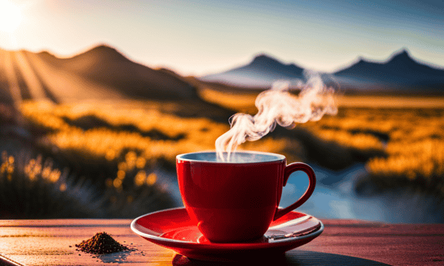 An image showcasing the rich red hue of a steaming cup of rooibos tea, with delicate wisps of steam rising from its surface