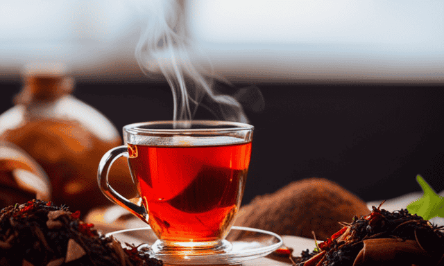 An image capturing the serene essence of Rooibos tea's versatility: depict a warm, cozy mug filled with vibrant red tea, surrounded by a medley of dried herbs, fruits, and spices, evoking a calming and soothing ambiance
