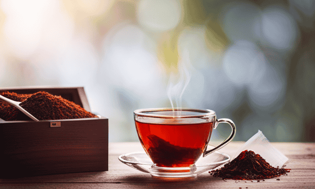 An image showcasing the vibrant red hue of a freshly brewed cup of Rooibos tea, surrounded by an assortment of dried Rooibos leaves