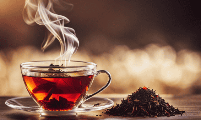 An image showcasing a cup of vibrant reddish-brown Rooibos tea with steam gently rising from it