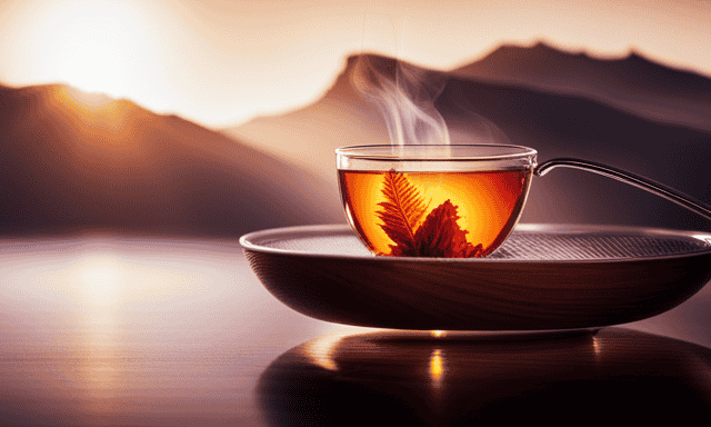 An image showcasing the vibrant hues of a steaming cup of Rooibos tea, filled to the brim with its rich amber tint