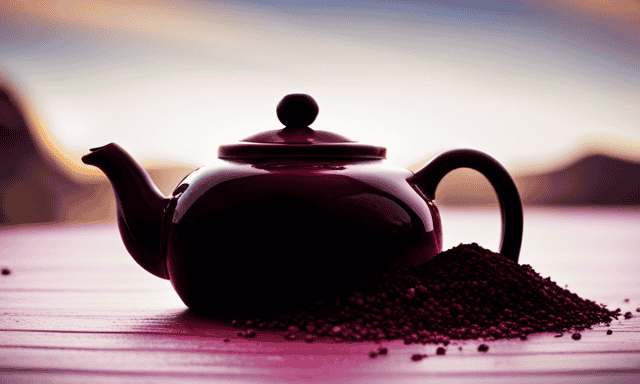 An image showcasing a serene African landscape, with a traditional clay teapot infused with vibrant red Rooibos tea leaves