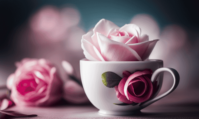 An image showcasing a porcelain teacup filled with delicate pink rose oolong tea