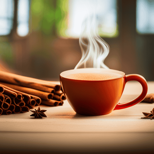 An image featuring a steaming mug filled with aromatic spiced herbal tea, surrounded by vibrant cinnamon sticks, cloves, and cardamom pods