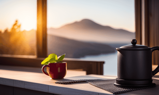 An image of a serene morning scene with a soft sunrise illuminating a cozy kitchen, where a steamy cup of freshly brewed Oolong tea sits on a rustic wooden table, surrounded by fresh fruits and a tape measure
