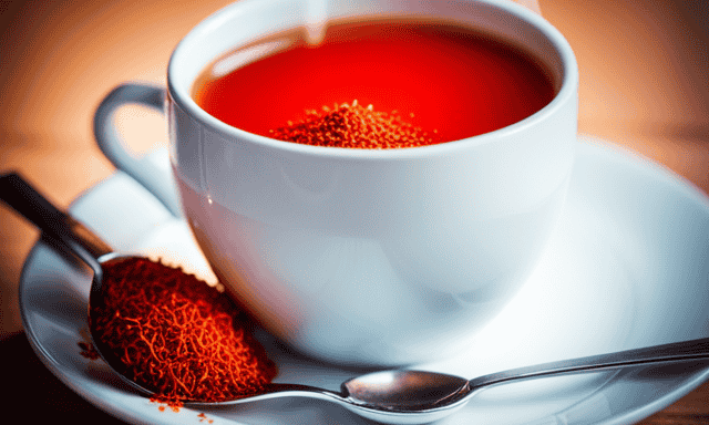 An image showcasing a warm, inviting cup of vibrant red Rooibos tea, served in a delicate porcelain teacup