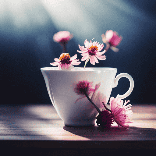 An image showcasing a delicate porcelain teacup filled with blooming tea flowers