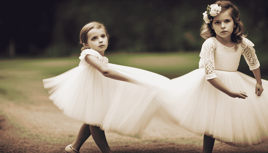 An image showcasing a charming flower girl twirling in a tea-length dress