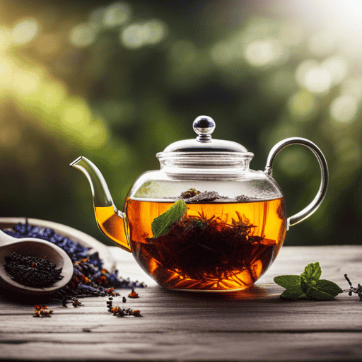 An image showcasing a vibrant teapot filled with steaming, amber-hued tea leaves, surrounded by a medley of aromatic herbs like chamomile, mint, and lavender