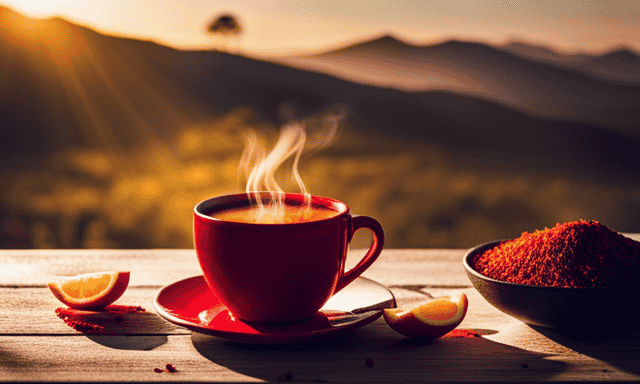 An image of a vibrant red cup filled with steaming rooibos tea, surrounded by slices of zesty citrus fruits