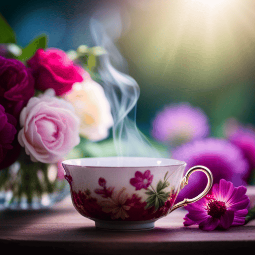 An image showcasing a delicate porcelain teacup brimming with steaming, vibrant Flower Passion Tea