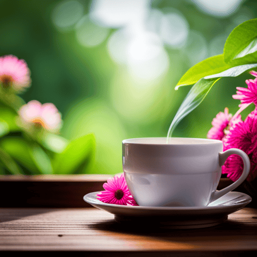 An image showcasing a serene setting with a cup of aromatic herbal tea from Paraguay, surrounded by lush green leaves and vibrant blossoms, evoking a sense of relaxation, rejuvenation, and the natural health benefits of this traditional drink