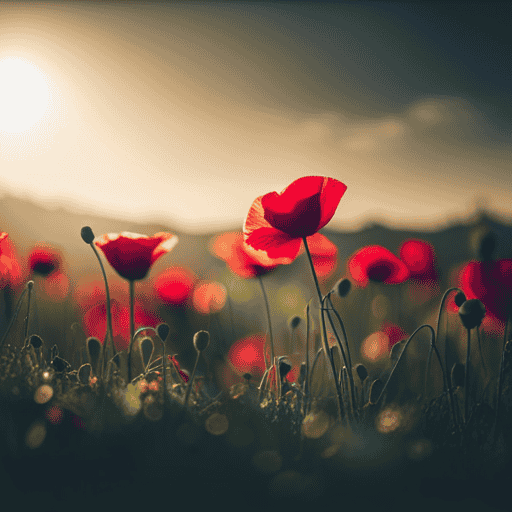 An image showcasing a serene, sun-kissed field of vibrant red poppy flowers gently swaying in the breeze