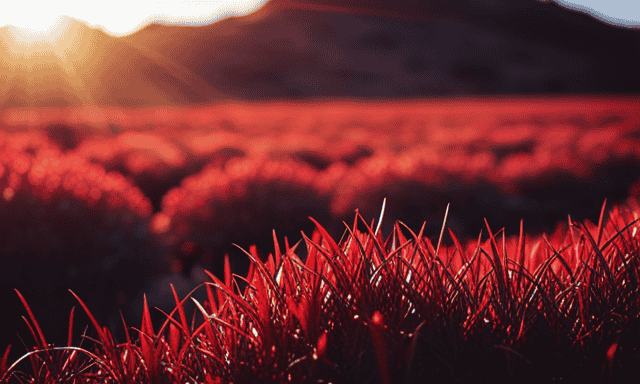 An image showcasing a serene, sun-kissed African landscape with vibrant red rooibos plants swaying in the gentle breeze