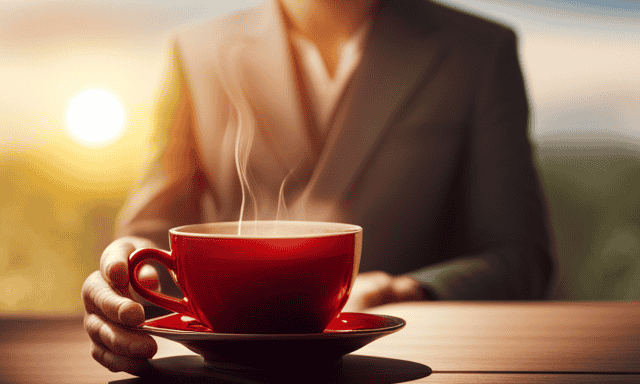An image showcasing a serene scene of a person holding a warm cup of vibrant red Rooibos tea, surrounded by lush greenery and bathed in soft, golden sunlight, evoking a sense of calmness and well-being