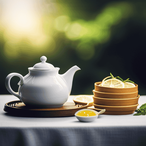 An image showcasing a serene scene: a delicate porcelain teapot, adorned with intricate floral patterns, nestled on a bamboo tray, surrounded by fragrant herbs and garnished with fresh lemon slices