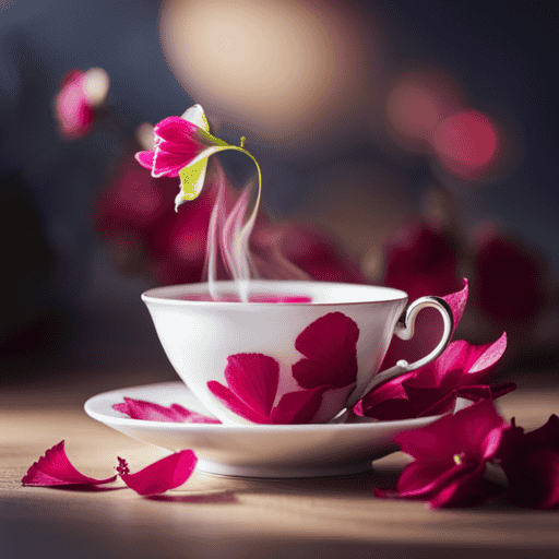 An image showcasing a delicate porcelain teacup filled with vibrant, pink hibiscus tea, adorned with floating rose petals and chamomile blossoms