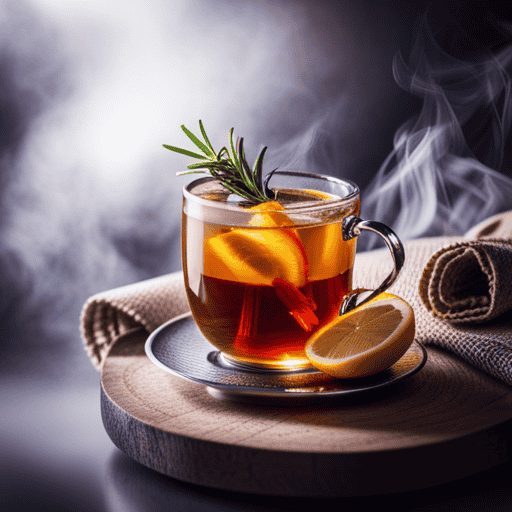 An image showcasing a steaming cup of golden hot toddy, garnished with a sprig of fresh rosemary and a slice of lemon, surrounded by an assortment of aromatic herbal tea leaves