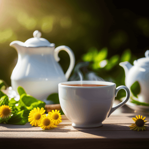 An image of a serene, aromatic herbal tea garden, abundant with vibrant chamomile, peppermint, and ginger plants