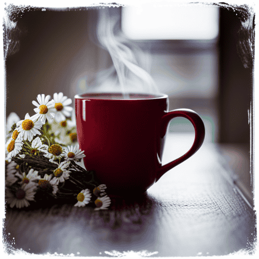 An image featuring a cozy, steaming mug filled with aromatic eucalyptus and peppermint herbal tea, surrounded by freshly picked chamomile blossoms and a sprig of soothing lavender, evoking relief from congestion