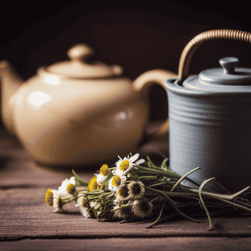 An image featuring a rustic wooden table adorned with a ceramic teapot, accompanied by a stack of dried chamomile flowers, peppermint leaves, and fennel seeds, showcasing the vibrant colors and aromatic qualities of these herbal remedies for constipation