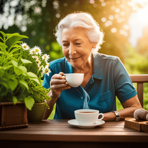 An image showcasing a serene, sunlit scene with a person peacefully sipping a steaming cup of chamomile tea, surrounded by vibrant green herbs like ginger, licorice root, and peppermint, symbolizing the best herbal teas for relieving GERD symptoms