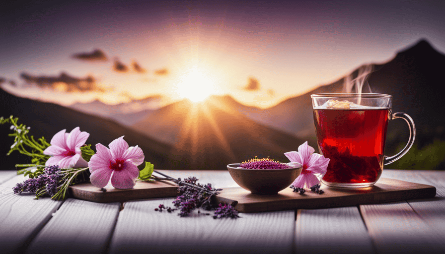 An image showcasing a serene setting with a steaming cup of hibiscus tea, surrounded by fresh chamomile flowers, and a sprig of soothing lavender, evoking a sense of calmness and promoting the topic of herbal tea for high blood pressure