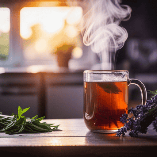 An image showcasing a steaming cup of kombucha made with fragrant chamomile tea leaves, surrounded by a vibrant assortment of freshly-picked herbs like mint, lavender, and rosemary, exuding an aura of tranquility and natural healing