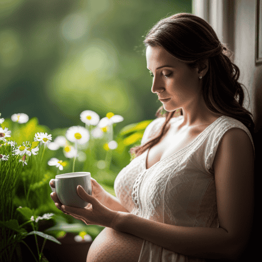 An image depicting a serene pregnant woman cradling a warm cup of chamomile tea, surrounded by blooming flowers and soothing greenery, evoking the calming and nourishing qualities of herbal tea during pregnancy