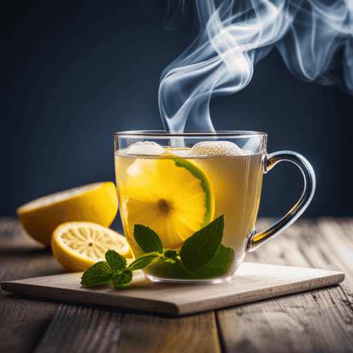 An image showcasing a steaming cup of chamomile tea, delicately infused with soothing mint leaves, ginger slices, and a hint of lemon, perfectly poised to alleviate digestive discomfort and promote a healthy, empty stomach